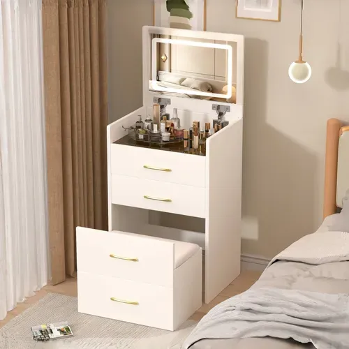 Coiffeuse Chambre 3 En 1 Miroir 60x40x118cm Table Maquillage Moderne Petit 3 Tiroirs 1 Banc Blanc