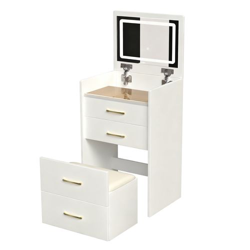 Coiffeuse Chambre 3 En 1 Miroir 60x40x118cm Table Maquillage Moderne Petit 3 Tiroirs 1 Banc Blanc