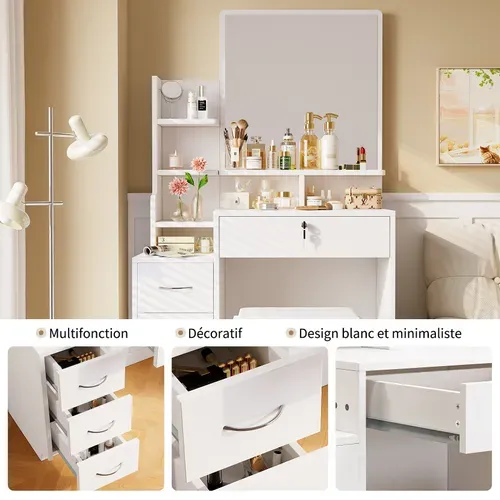 Coiffeuse Moderne Avec Miroir Table De Maquillage 4 Tiroirs 1 Tabouret 4 Etagères 87x40x144cm Blanc