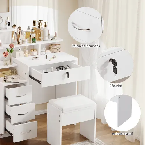 Coiffeuse Moderne Avec Miroir Table De Maquillage 4 Tiroirs 1 Tabouret 4 Etagères 87x40x144cm Blanc