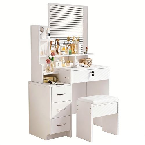 Coiffeuse Moderne Avec Miroir Table De Maquillage 4 Tiroirs 1 Tabouret 4 Etagères 87x40x144cm Blanc