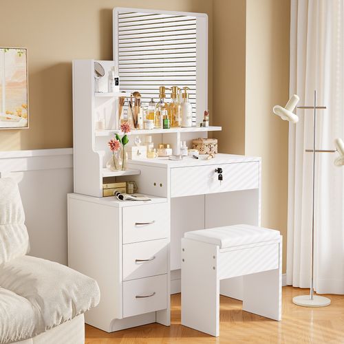 Coiffeuse Moderne Avec Miroir Table De Maquillage 4 Tiroirs 1 Tabouret 4 Etagères 87x40x144cm Blanc