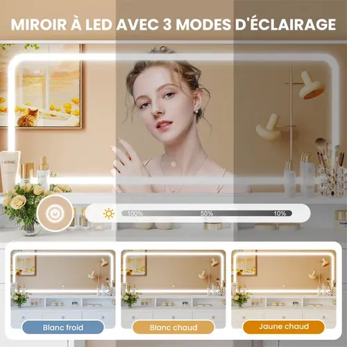 Coiffeuse élégante 11 Tiroirs Grand Miroir 110cm Avec Prise-support Table De Maquillage LED Blanc