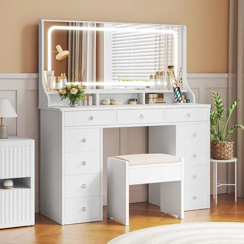 Coiffeuse élégante 11 Tiroirs Grand Miroir 110cm Avec Prise-support Table De Maquillage LED Blanc