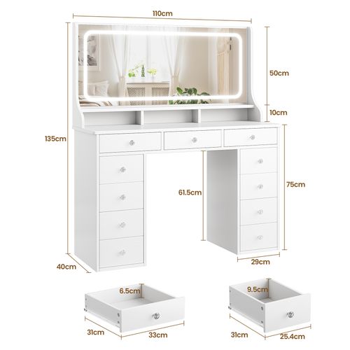 Coiffeuse élégante 11 Tiroirs Grand Miroir 110cm Avec Prise-support Table De Maquillage LED Blanc