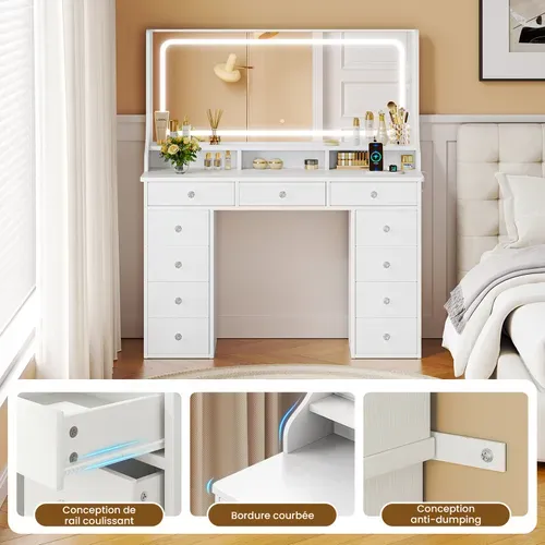 Coiffeuse élégante 11 Tiroirs Grand Miroir 110cm Avec Prise-support Table De Maquillage LED Blanc