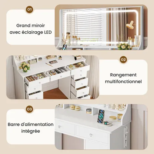 Coiffeuse élégante 11 Tiroirs Grand Miroir 110cm Avec Prise-support Table De Maquillage LED Blanc