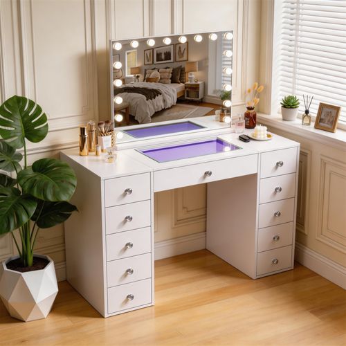 Coiffeuse avec Miroir à Éclairage LED RGB Dimmable Blanc 130cm 11 Tiroirs