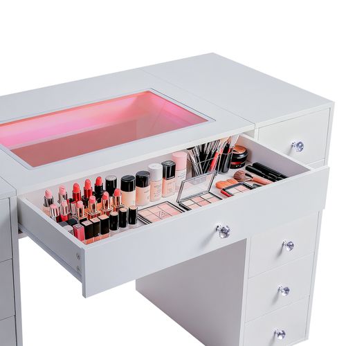 Coiffeuse avec Miroir à Éclairage LED RGB Dimmable Blanc 130cm 11 Tiroirs