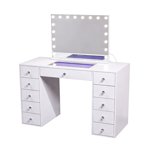 Coiffeuse avec Miroir à Éclairage LED RGB Dimmable Blanc 130cm 11 Tiroirs