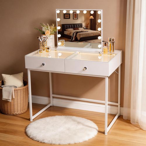 Coiffeuse avec Miroir à Éclairage LED Dimmable Blanc 100cm 2 Tiroirs Miroir 58x 46 cm