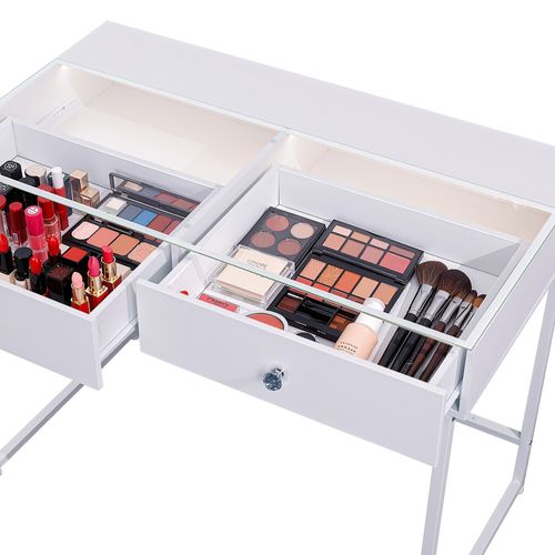 Coiffeuse avec Miroir à Éclairage LED Dimmable Blanc 100cm 2 Tiroirs Miroir 58x 46 cm