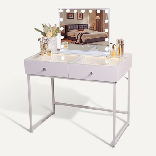 Coiffeuse avec Miroir à Éclairage LED Dimmable Blanc 100cm 2 Tiroirs Miroir 58x 46 cm