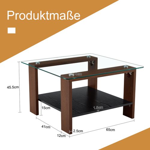 Table Basse Verre Carré 65x65x45,5cm Rangement Ouvert Pied Mdf Table D'appoint Polyvalente Noyer