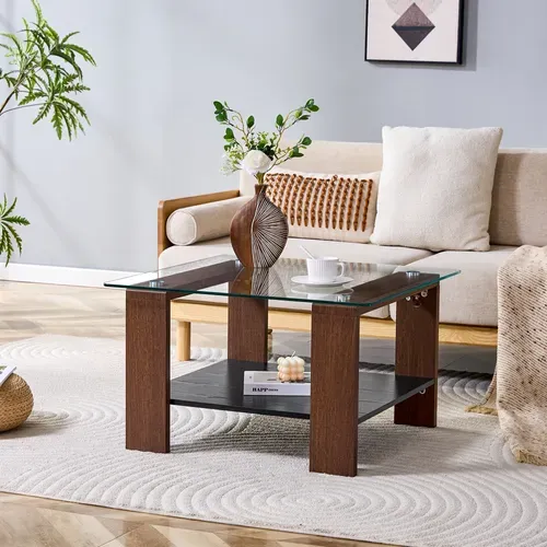 Table Basse Verre Carré 65x65x45,5cm Rangement Ouvert Pied Mdf Table D'appoint Polyvalente Noyer