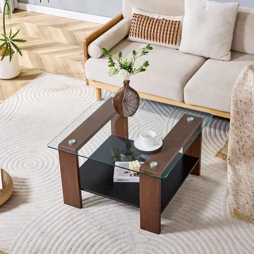 Table Basse Verre Carré 65x65x45,5cm Rangement Ouvert Pied Mdf Table D'appoint Polyvalente Noyer