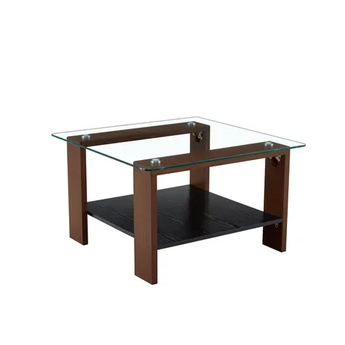Table Basse Verre Carré 65x65x45,5cm Rangement Ouvert Pied Mdf Table D'appoint Polyvalente Noyer