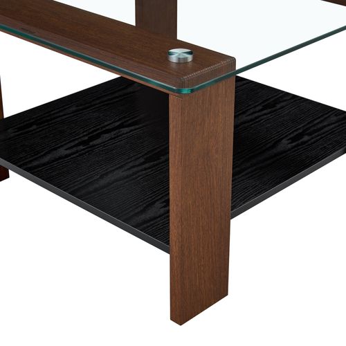 Table Basse Verre Carré 65x65x45,5cm Rangement Ouvert Pied Mdf Table D'appoint Polyvalente Noyer