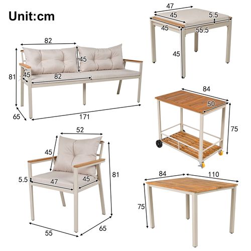 Ensemble Salon De Jardin 6 Places Canapé De Jardin Chariot à Manger Table Et Chaises En Fer Beige