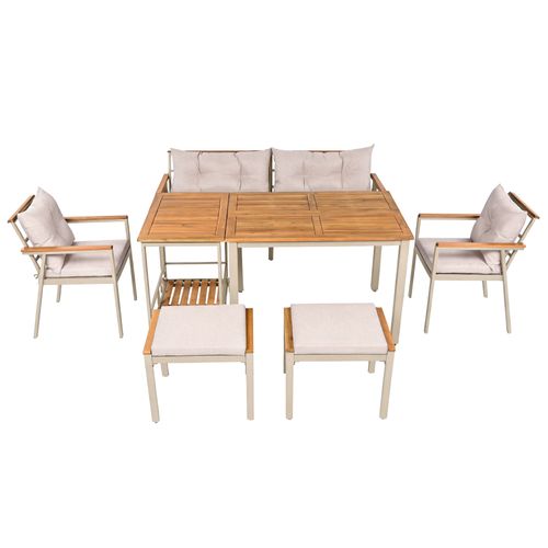 Ensemble Salon De Jardin 6 Places Canapé De Jardin Chariot à Manger Table Et Chaises En Fer Beige