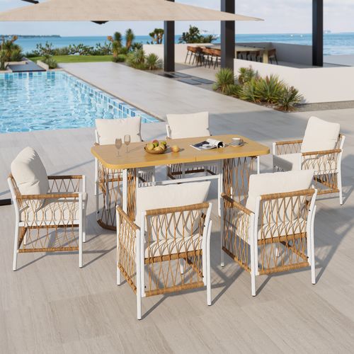 Salon De Jardin 6 Places 1 Table Bois 6 Chaises En Fer Tissu Amovible Ensemble Table Chaises Beige