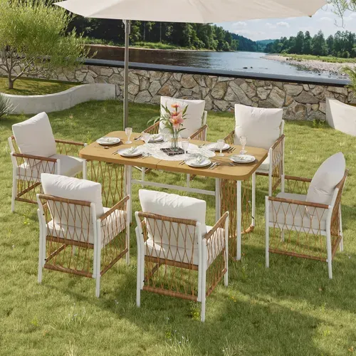 Salon De Jardin 6 Places 1 Table Bois 6 Chaises En Fer Tissu Amovible Ensemble Table Chaises Beige