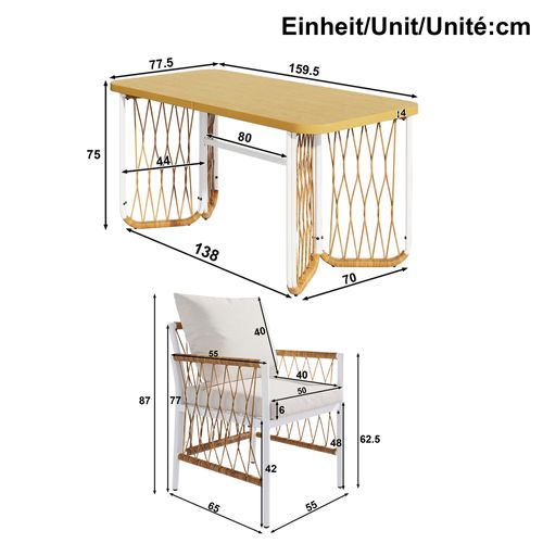 Salon De Jardin 6 Places 1 Table Bois 6 Chaises En Fer Tissu Amovible Ensemble Table Chaises Beige