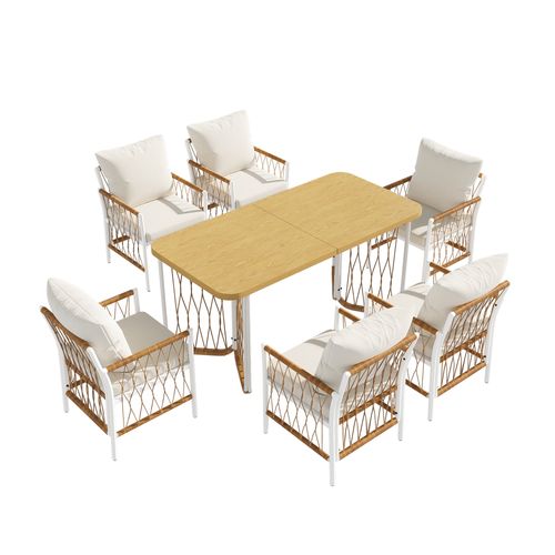 Salon De Jardin 6 Places 1 Table Bois 6 Chaises En Fer Tissu Amovible Ensemble Table Chaises Beige