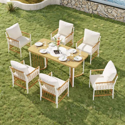 Salon De Jardin 6 Places 1 Table Bois 6 Chaises En Fer Tissu Amovible Ensemble Table Chaises Beige