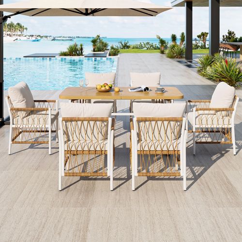Salon De Jardin 6 Places 1 Table Bois 6 Chaises En Fer Tissu Amovible Ensemble Table Chaises Beige