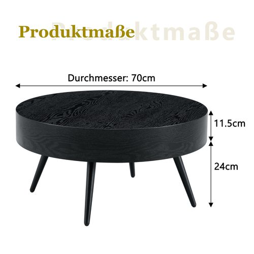 Table Basse Rond Mdf 70x70x35,5cm Pieds Métal Noir Design Minimaliste Table Canapé Meuble Salon Noir