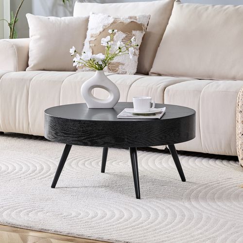 Table Basse Rond Mdf 70x70x35,5cm Pieds Métal Noir Design Minimaliste Table Canapé Meuble Salon Noir
