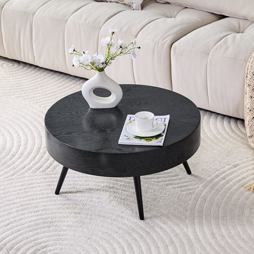 Table Basse Rond Mdf 70x70x35,5cm Pieds Métal Noir Design Minimaliste Table Canapé Meuble Salon Noir