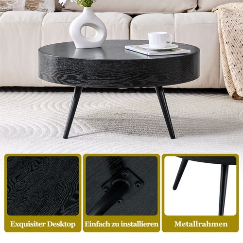 Table Basse Rond Mdf 70x70x35,5cm Pieds Métal Noir Design Minimaliste Table Canapé Meuble Salon Noir