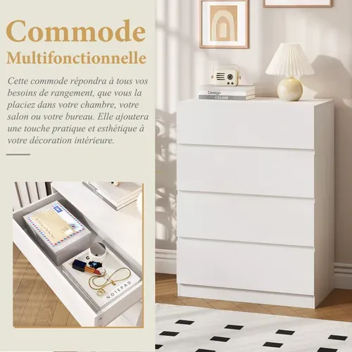 Commode 4 Tiroirs Meuble Salon Entrée 70x40x73cm Buffet Bas Casiers Tables De Chevet Armoire Blanc