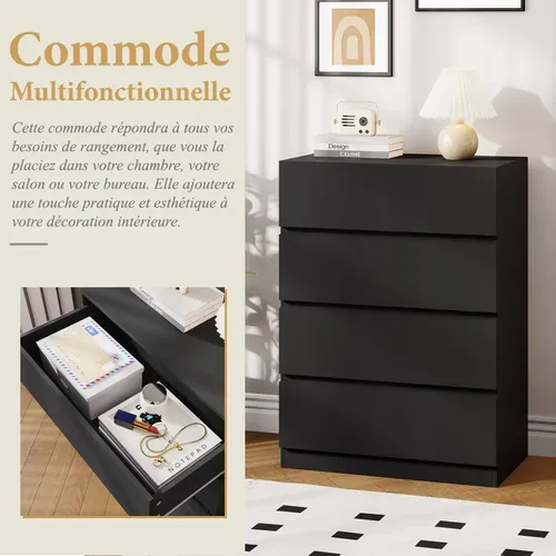 Commode 4 Tiroirs Meuble Salon Entrée 70x40x73cm Buffet Bas Casiers Tables De Chevet Armoire Noir