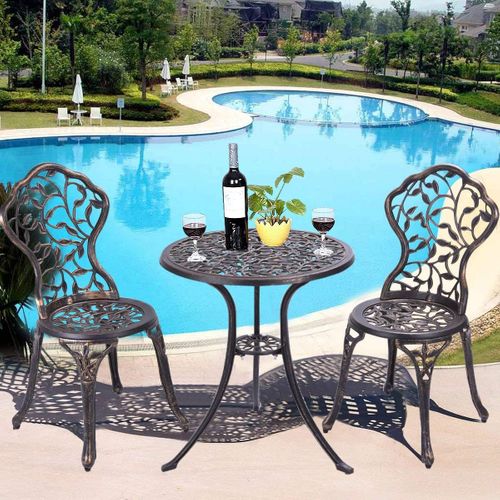Salon De Jardin 3pcs En Fonte Aluminium, Ensemble 2 Chaises Et 1 Table Ronde Style Rétro Jardin Brun