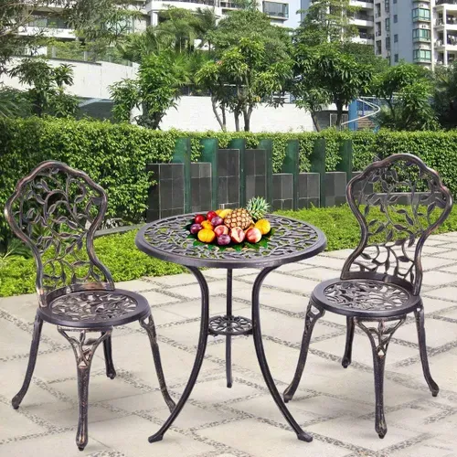 Salon De Jardin 3pcs En Fonte Aluminium, Ensemble 2 Chaises Et 1 Table Ronde Style Rétro Jardin Brun