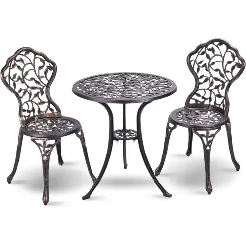 Salon De Jardin 3pcs En Fonte Aluminium, Ensemble 2 Chaises Et 1 Table Ronde Style Rétro Jardin Brun