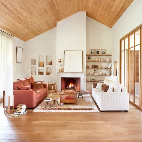 Canapé 3 places convertible GABIN velours côtelé beige vue d'ambiance 1