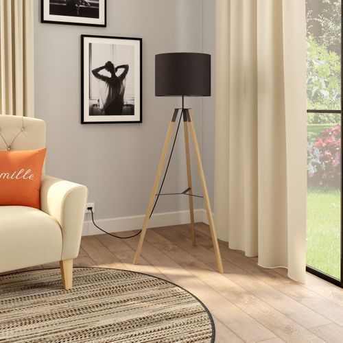 Lampadaire trépied H. 140 cm TERRENCE Noir et naturel vue d'ambiance 1