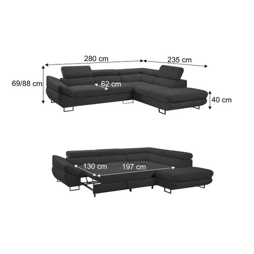Canapé d'angle convertible OCTAVE tissu Curio anthracite droit