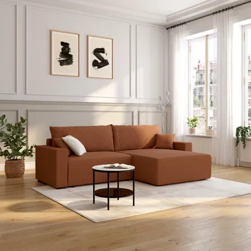 Canapé d'angle méridienne GABIN velours côtelé terracotta vue d'ambiance 1