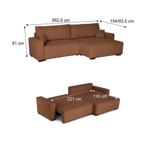 Canapé d'angle méridienne GABIN velours côtelé terracotta