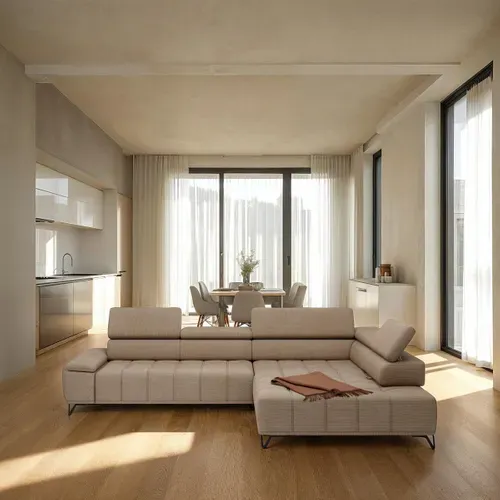 Canapé d'angle droit relax PALLADIO tissu eden beige vue d'ambiance 1