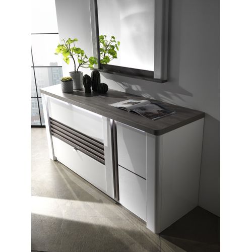 Commode 3 tiroirs 1 porte L.155 cm VERTIGO blanc et imitation chêne gris
