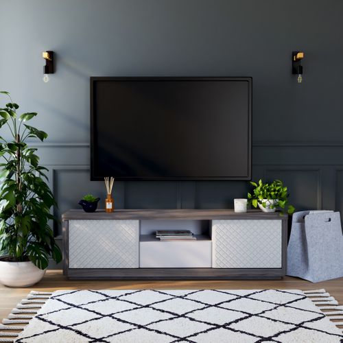 Meuble TV L.170 cm CARTESIA imitation chêne gris et blanc vue d'ambiance 1
