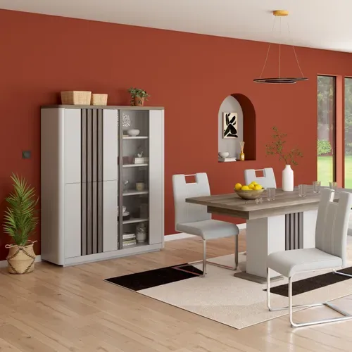 Vitrine 3P PESARO imitation chêne gris et gris vue d'ambiance 1