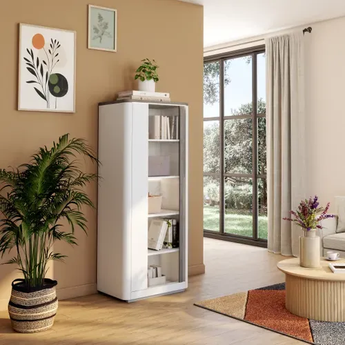 Vitrine 1P PESARO imitation chêne gris et gris vue d'ambiance 1