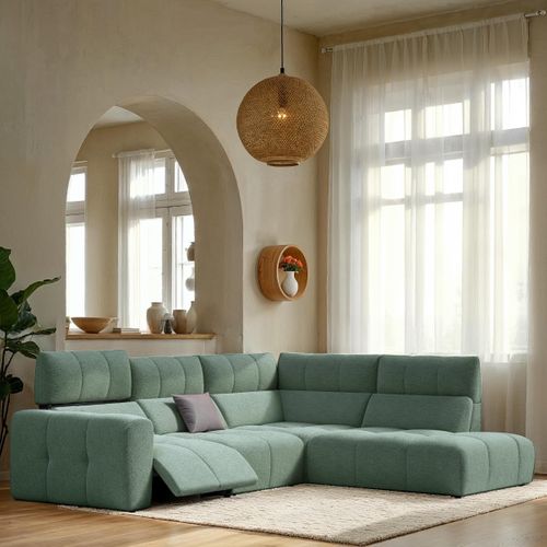 Canapé angle relax électrique droit UNIVERS tissu oro vert vue d'ambiance 1
